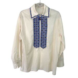 Cross Stitch Embroidered Shirt Womens Size Large L Vintage Half Zip Cotton Cream